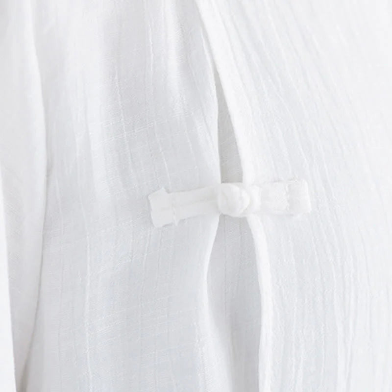 Buddha Stones 2Pcs Solid Color White Frog-Button Three Quarter Sleeve Shirt Wide Leg Pants Meditation Zen Clothing Women's Set
