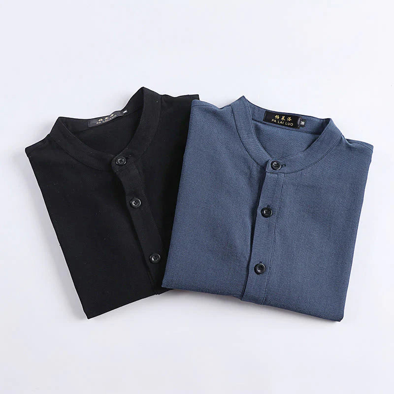 Buddha Stones Simple Solid Color Half Buttons Men's Long Sleeve Cotton Shirt