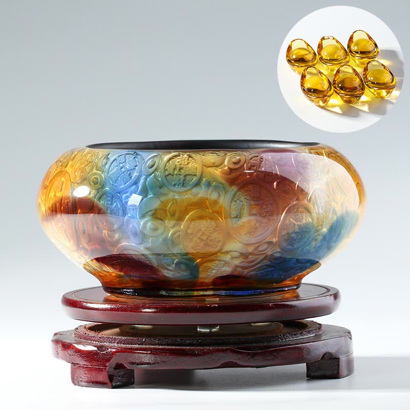 Buddha Stones Handmade Liuli Crystal Treasure Bowl Ingots Art Piece Home Decoration