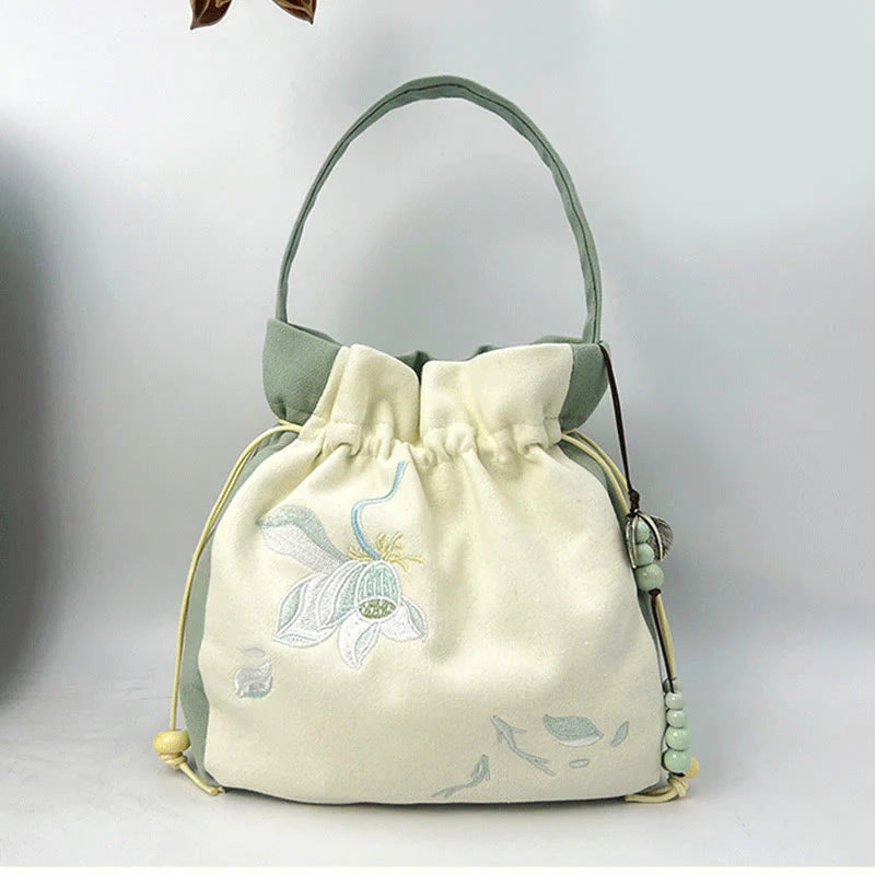 Buddha Stones Embroidered Butterfly Lotus Magnolia Cotton Linen Tote Crossbody Bag Shoulder Bag Handbag
