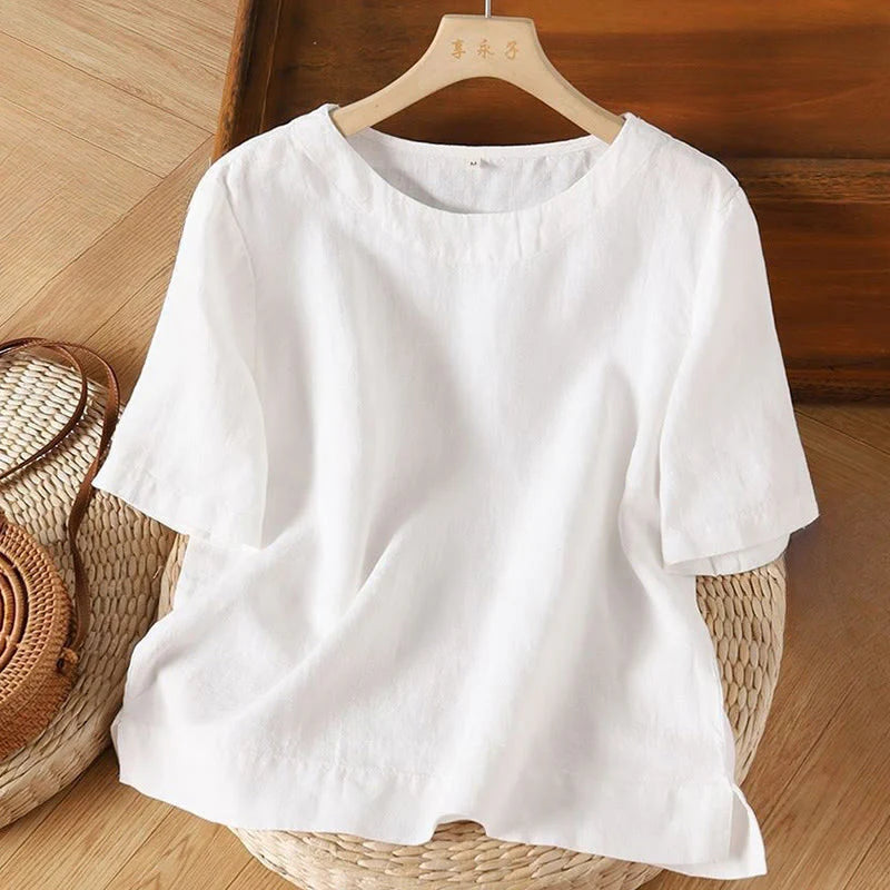 Buddha Stones Simple Plain Short Sleeve Crew Neck Side Slit Cotton Women's T-Shirt