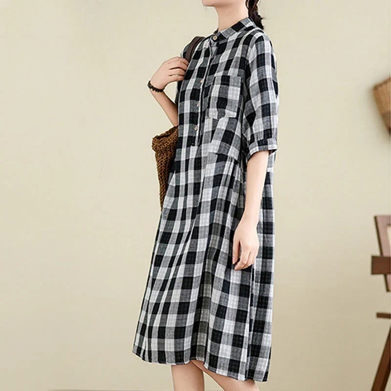 Buddha Stones Plaid Pattern Half Sleeve Cotton Linen Midi Dress With Pockets