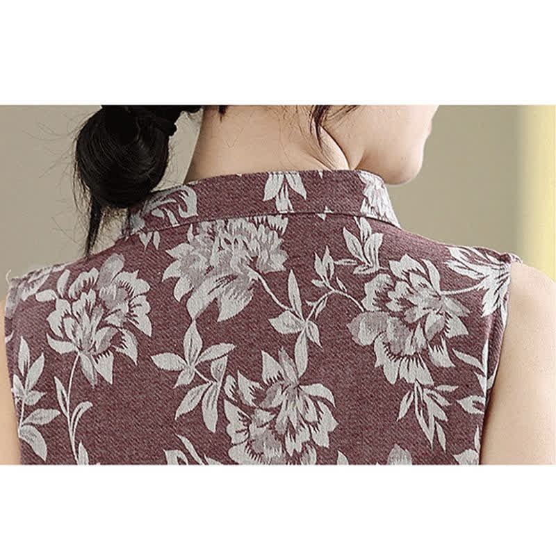 Buddha Stones Frog-button Mandarin Collar Floral Pattern Sleeveless Cotton Mini Dress With Pockets