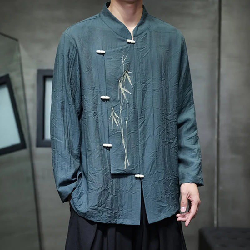 Buddha Stones Fall Solid Color Bamboo Leaf Embroidery Men's Long Sleeve Cotton Linen Shirt