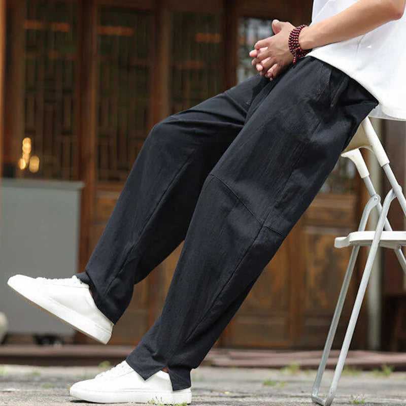 Buddha Stones Solid Drawstring Men's Elastic Waistband Cotton Linen Pants With Pockets