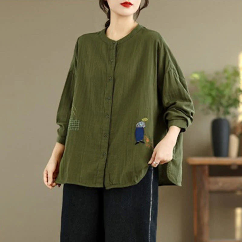 Buddha Stones Fall Embroidery Human Figure Dog Pattern Round Neck Buttons Women's Long Sleeve Shirt