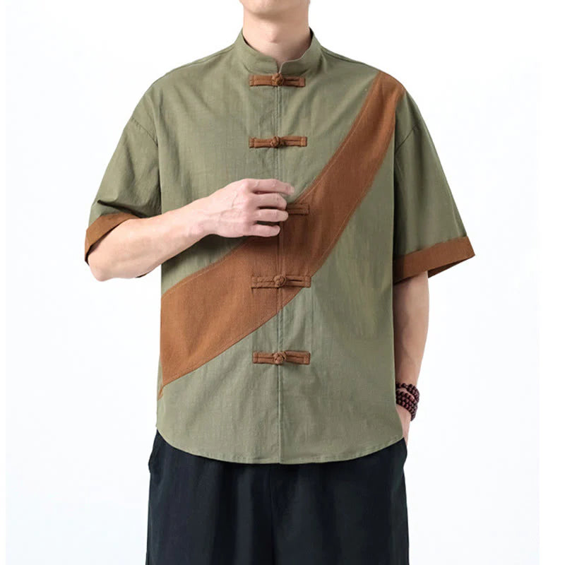 Buddha Stones Spring Color Contrast Chinese Frog-Button Design Men's Half Sleeve Cotton Linen Shirt