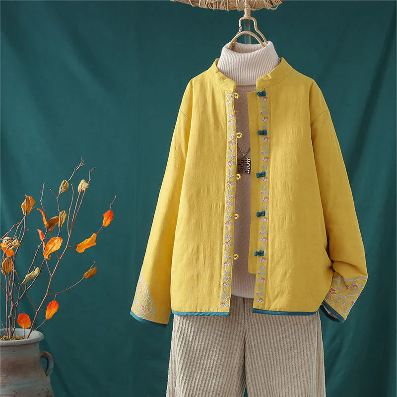 Buddha Stones Winter Frog-Button Embroidery Flowers Vines Open Front Cotton Long Sleeve Women's Thermal Jacket