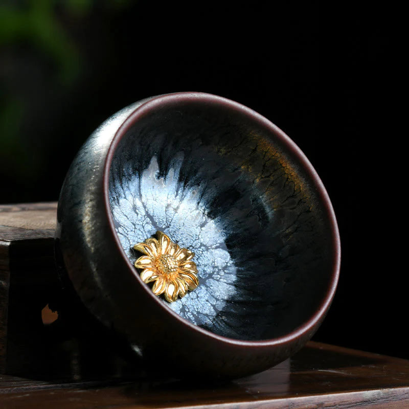 Buddha Stones 24K Gold Inlaid Sunflower Chinese Jianzhan Glaze Kiln Change Ceramic Teacup Tenmoku Kung Fu Tea Cup (Extra 35% Off | USE CODE: FS35)