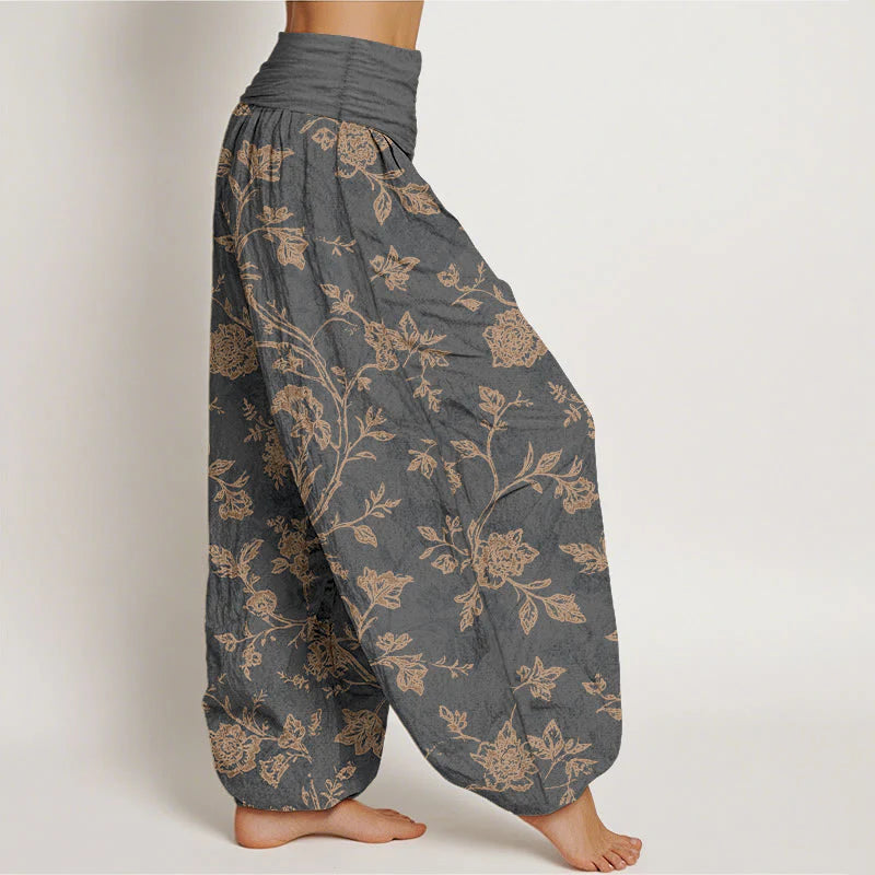 Buddha Stones Cotton Full Coverage Flowers Pattern Women's Elastic Waist Harem Pants