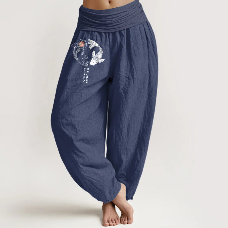 Buddha Stones Pure Cotton Koi Fish Pattern Women's Elastic Waist Harem Pants