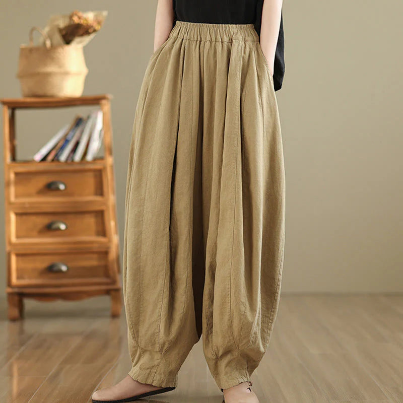 Buddha Stones Vintage Patchwork Lantern Design Cotton Linen Women's Wide Leg Pants With Pockets