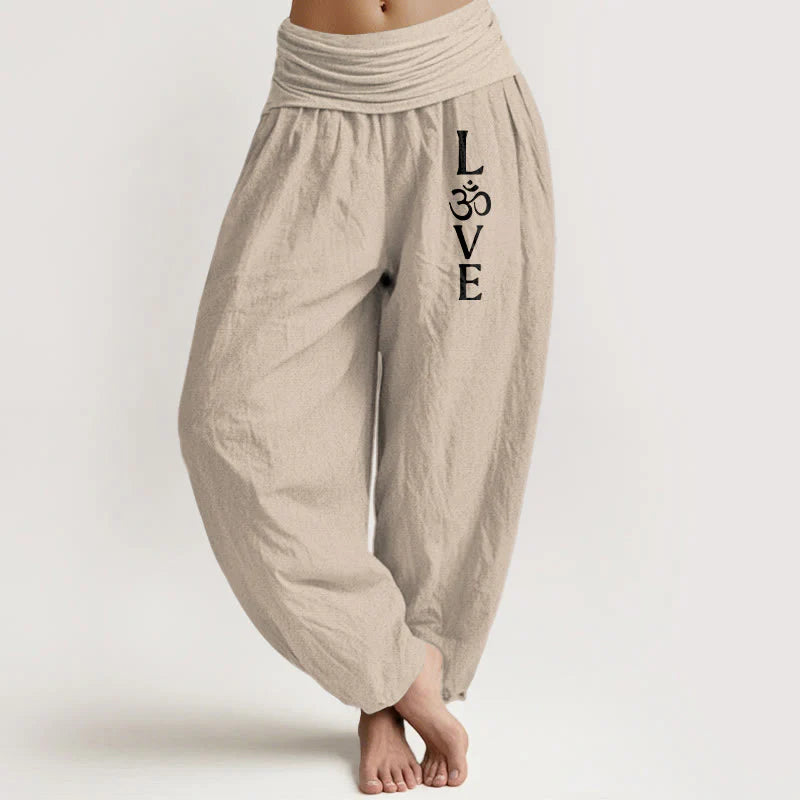Buddha Stones Plain Om Symbol Pattern Women's Elastic Waist Harem Pure Cotton Pants