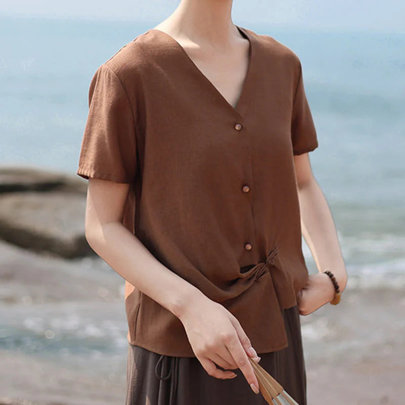 Buddha Stones Button Irregular Design V-Neck Cotton Linen Women's Short Sleeve Shirt