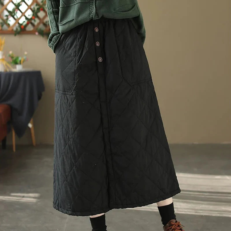 Buddha Stones Women's Plain Cotton Padded Thermal 7-8 Length Skirt With Pockets