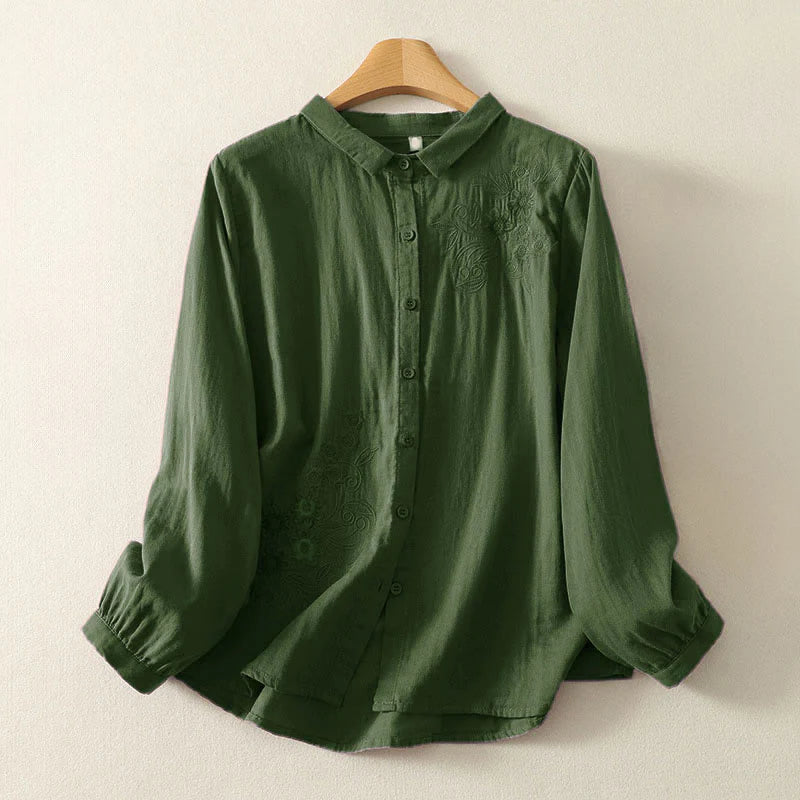 Buddha Stones Embroidered Flower Vine Pattern Long Sleeve Women's Lapel Shirt