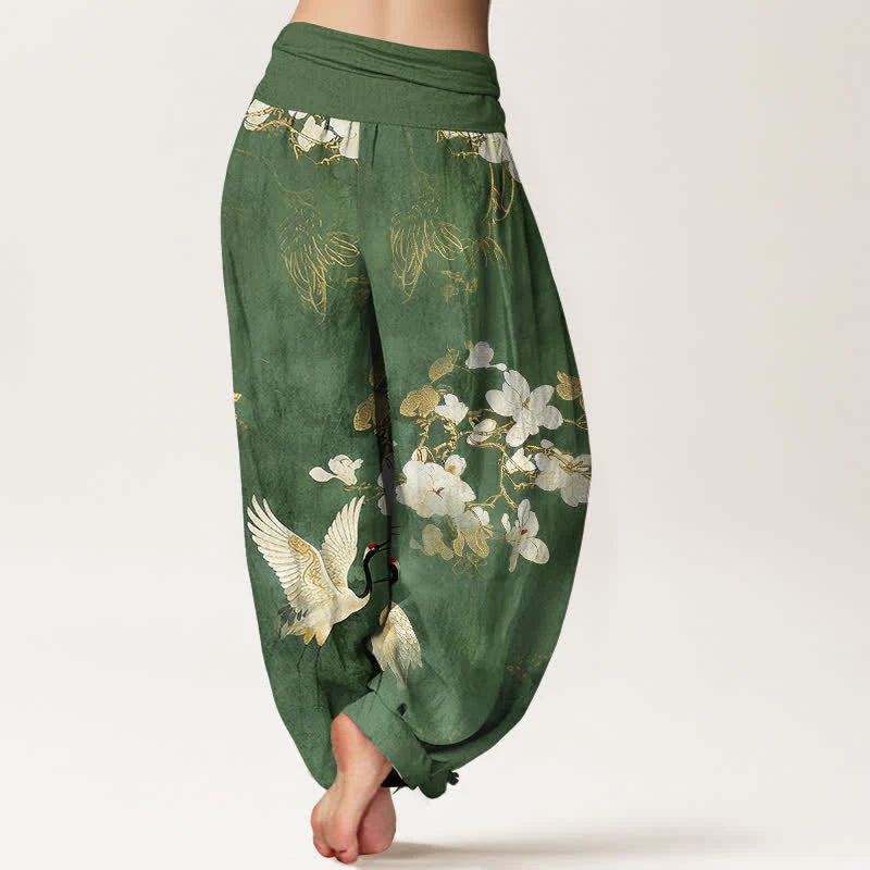 Buddha Stones Crane Blooming Flowers High Waist Women's Harem Pure Cotton Pants