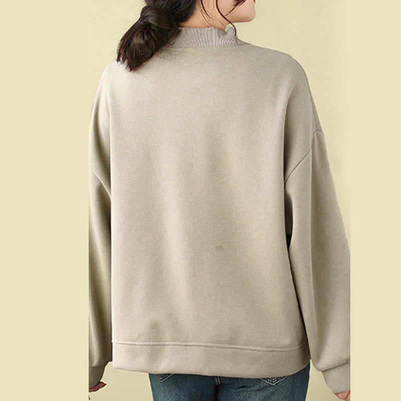 Buddha Stones Plain Women's Buttons Crew Neck Long Sleeve Cotton Jacket With Pockets