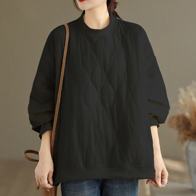 Buddha Stones Fall Solid Curved design Crew Neck Long Sleeve Women's Cotton Sweatshirt With Pockets