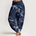 Buddha Stones Cotton White Sakura Flower Pattern Women's Elastic Waist Harem Pants