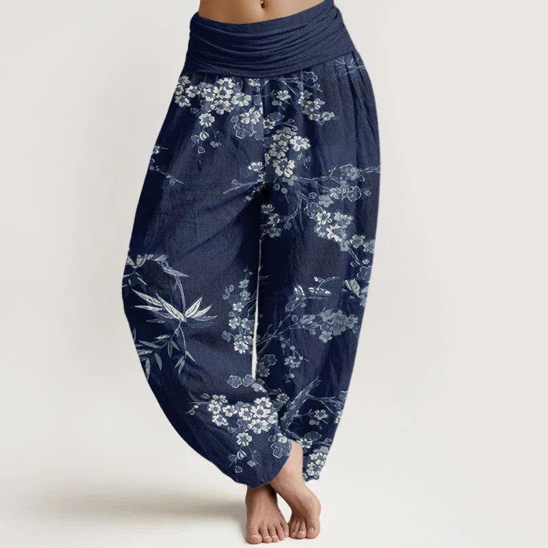 Buddha Stones Cotton White Sakura Flower Pattern Women's Elastic Waist Harem Pants