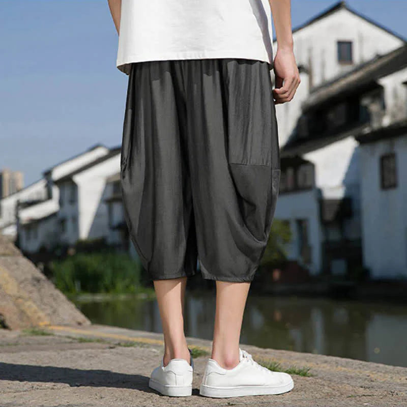 Buddha Stones Summer Elastic Waist Drawstring Solid Color Half Men's Tapered Pants With Pockets