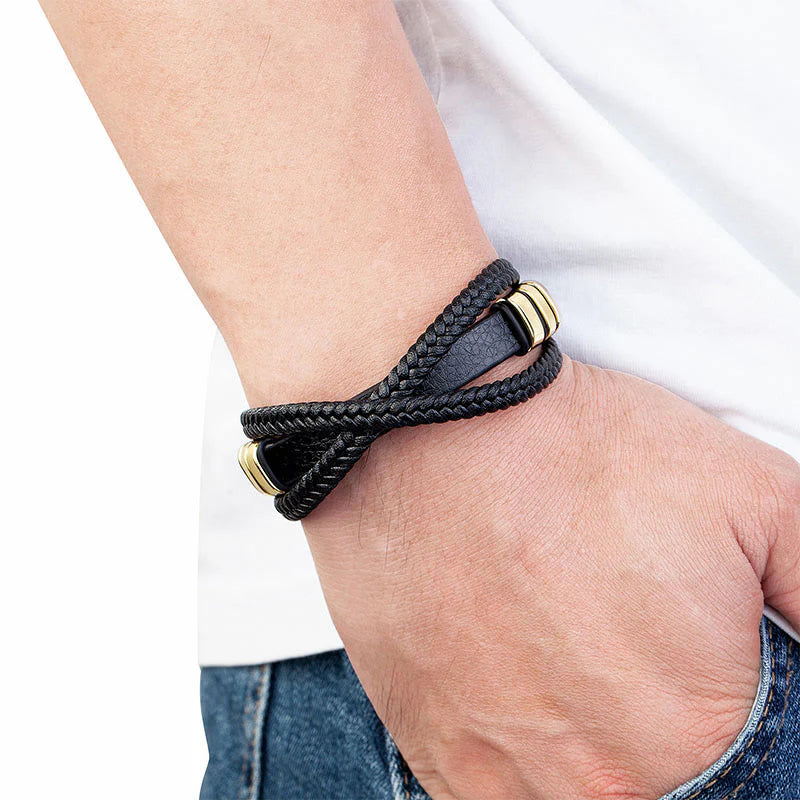 Buddha Stones Multi-layered Cross-woven Design Leather Titanium Steel Balance Bracelet