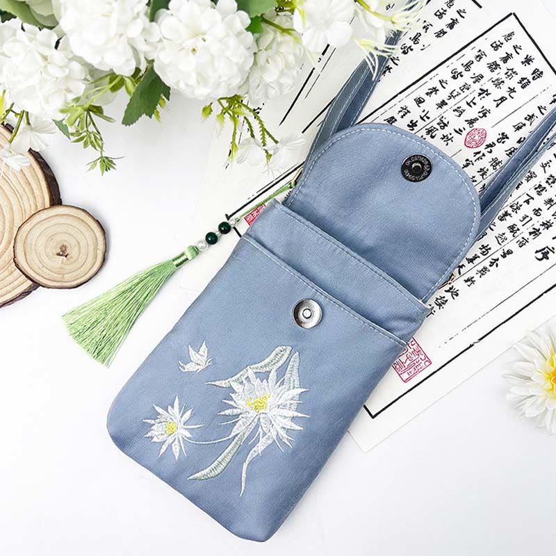 Buddha Stones Small Embroidered Flowers Crossbody Bag Shoulder Bag Double Layer Cellphone Bag