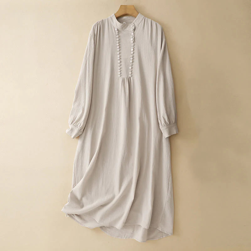 Buddha Stones Pure Color Stand Collar Double-breasted Buttons Design Cotton Long Sleeve Midi Dress