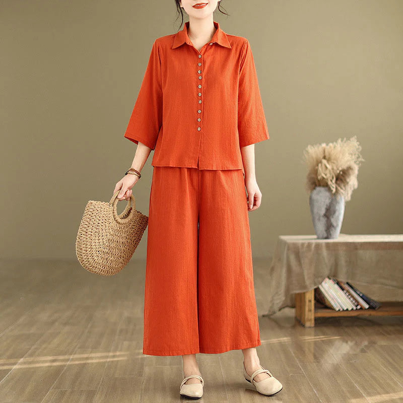 Buddha Stones 2pcs Casual Women's Stand Collar Shirt Loose Pants Meditation Clothing Set