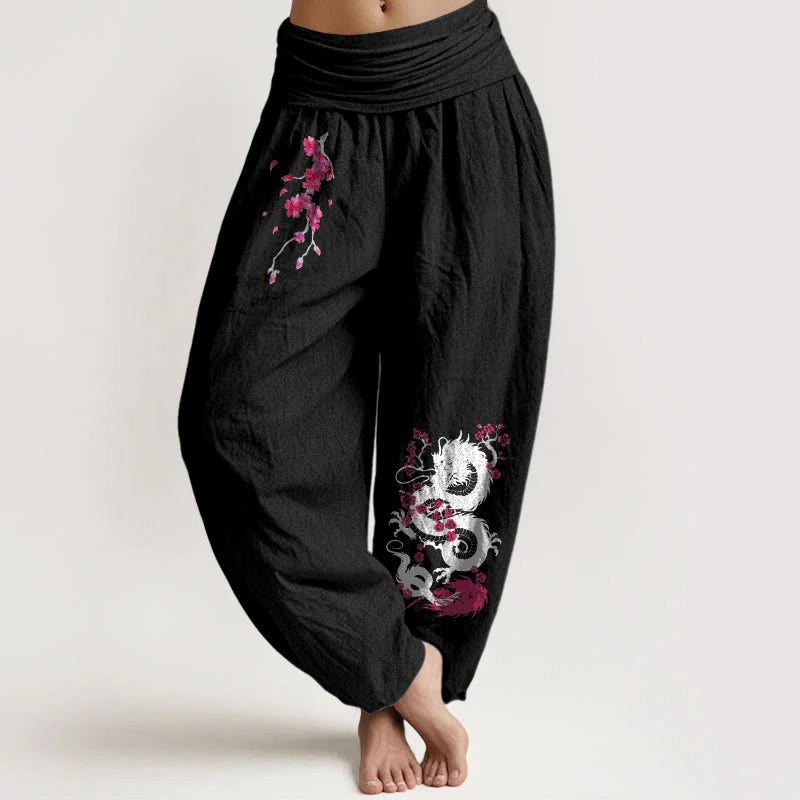 Buddha Stones Dragon Cherry Blossoms Pattern Women's Elastic Waist Harem Cotton Pants