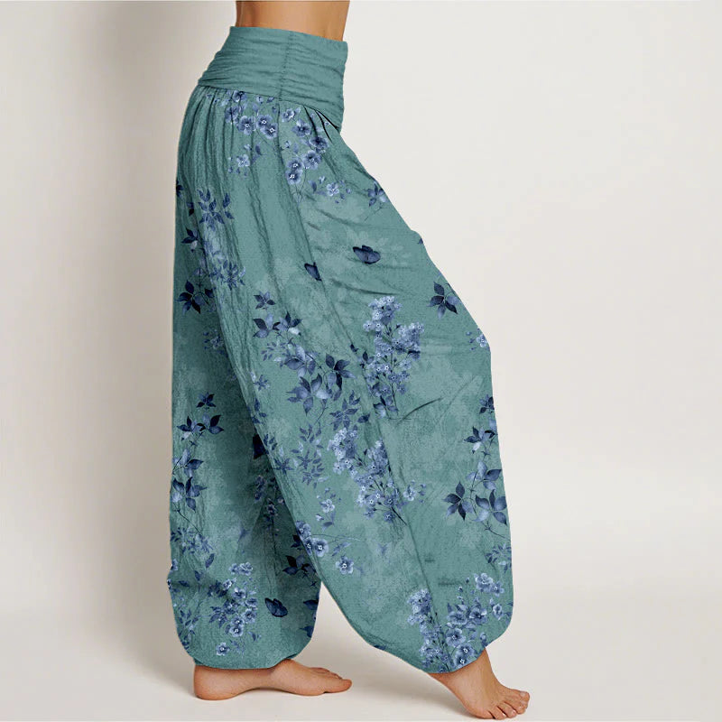 Buddha Stones Cotton Hazy Flower Leaf Pattern Women's Elastic Waist Harem Pants