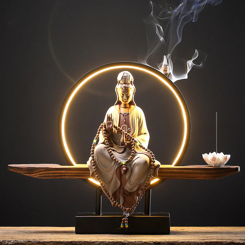 Buddha Stones Buddha Avalokitesvara Ceramic Lotus Relaxation Incense Burner Decoration