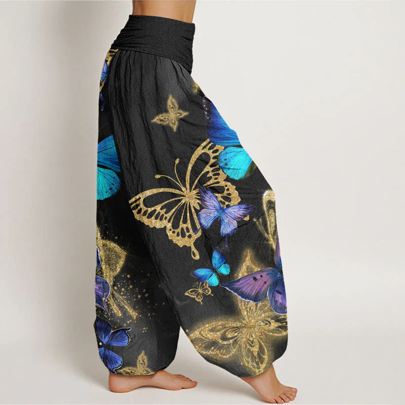 Buddha Stones Cotton Casual Butterfly Gold Pattern Women's Elastic Waist Harem Pants