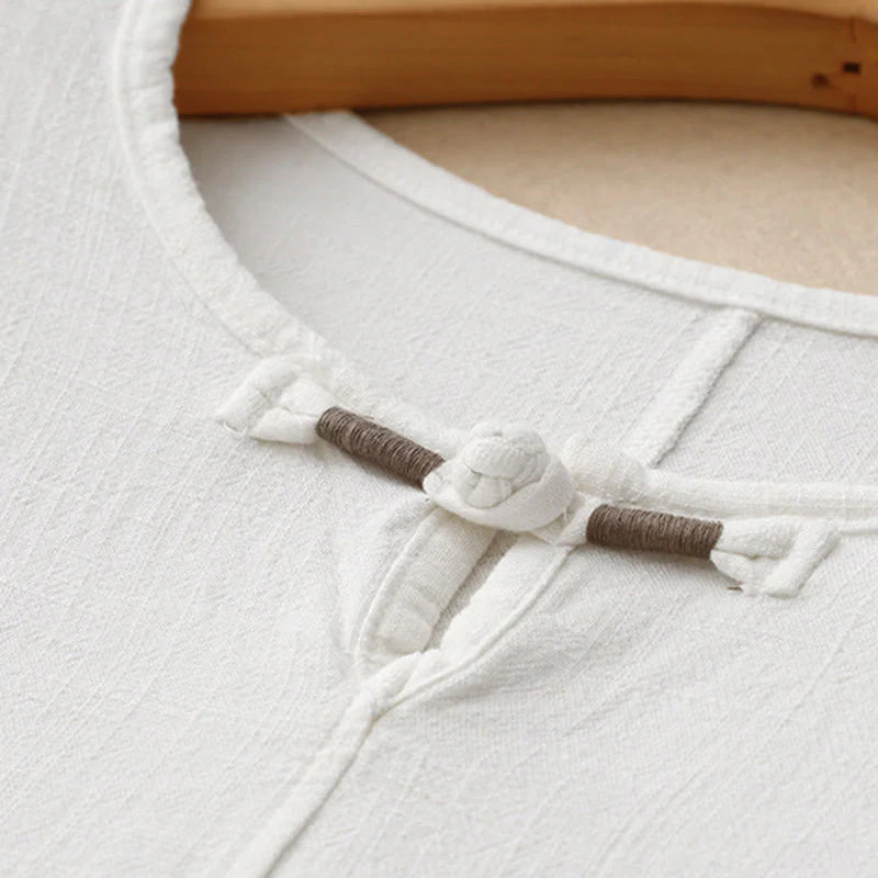 Buddha Stones Colorblock Side Slit  Frog-Button Cotton Linen Half Sleeve Women's Shirt With Pockets