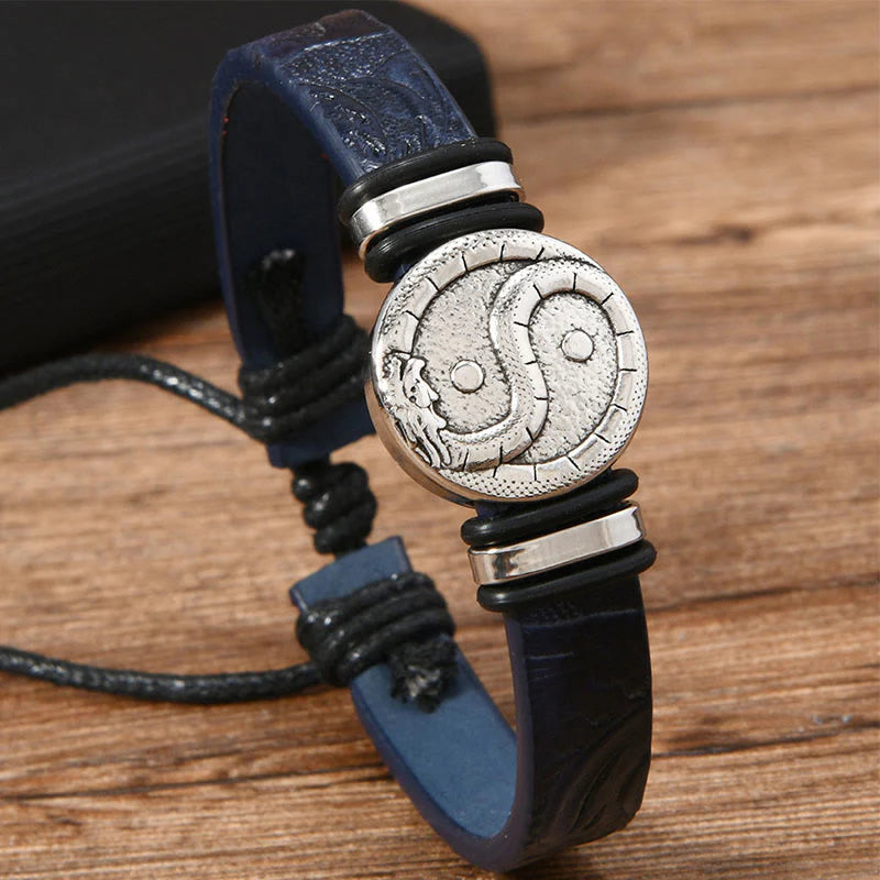 Buddha Stones Round Engraved YIN YANG Dragon Leather Balance Bracelet