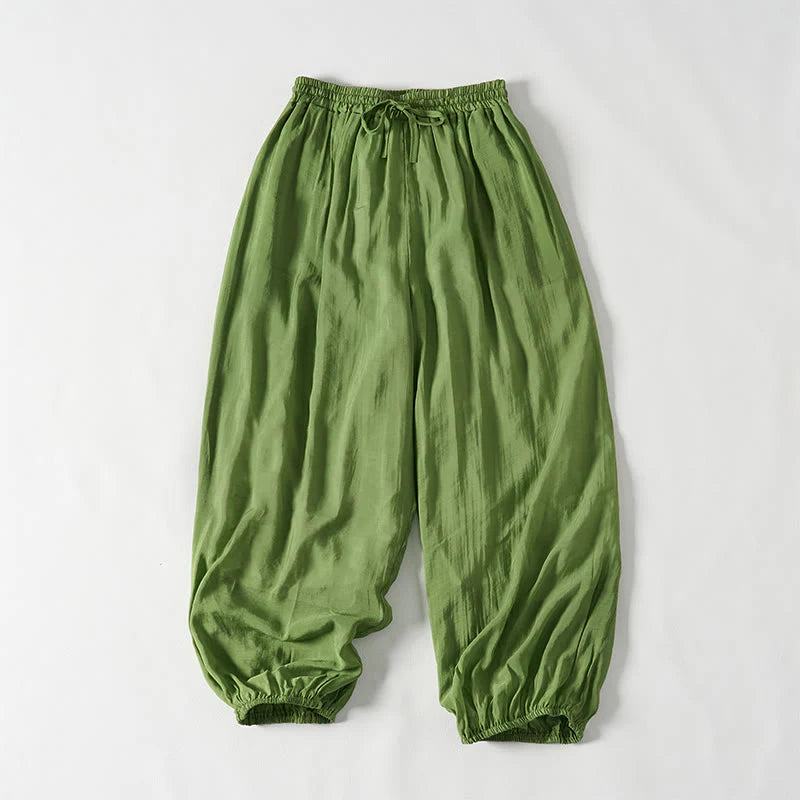 Buddha Stones Summer Green Ankle-Length Cotton Drawstring Women's Pants With Pockets