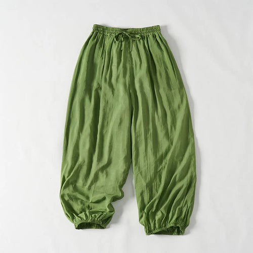 Buddha Stones Summer Green Ankle-Length Cotton Drawstring Women's Pants With Pockets