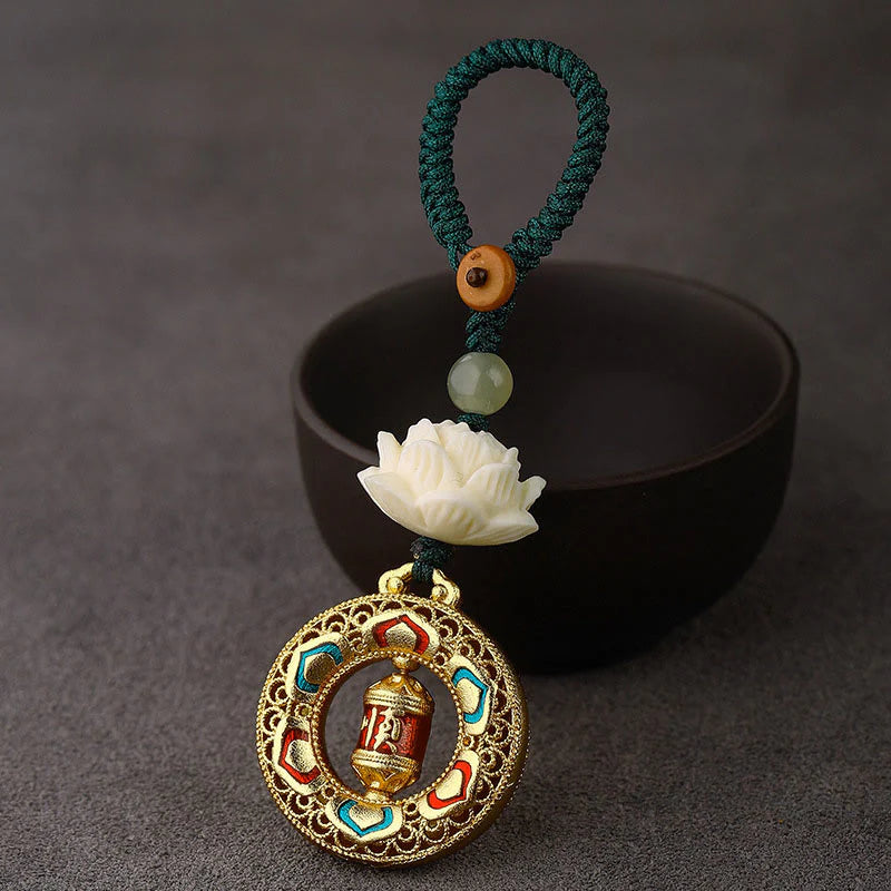 Buddha Stones Bodhi Seed Lotus Hetian Jade Bead Copper Rotatable Peace Key Chain