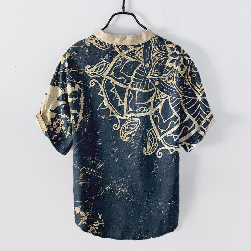 Buddha Stones Cotton Lotus Mandala Emblem Men's Short Sleeve Half Button Shirt