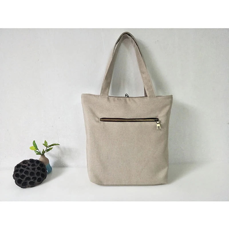 Buddha Stones Pear Flower Plum Peach Blossom Bamboo Embroidery Canvas Large Capacity Shoulder Bag Tote Bag