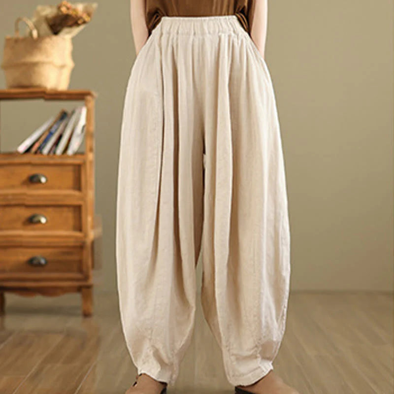 Buddha Stones Vintage Patchwork Lantern Design Cotton Linen Women's Wide Leg Pants With Pockets