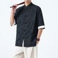 Buddha Stones Summer Flowers Grass Pattern Tang Suit Men's Frog-Button Half Sleeve Cotton Shirt With Pockets