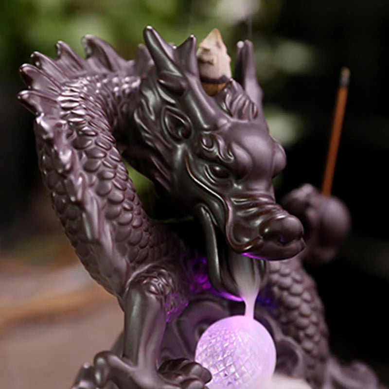 Buddha Stones Auspicious Dragon Ceramic Backflow Smoke Fountain Meditation Healing Incense Burner Led Ball Decoration