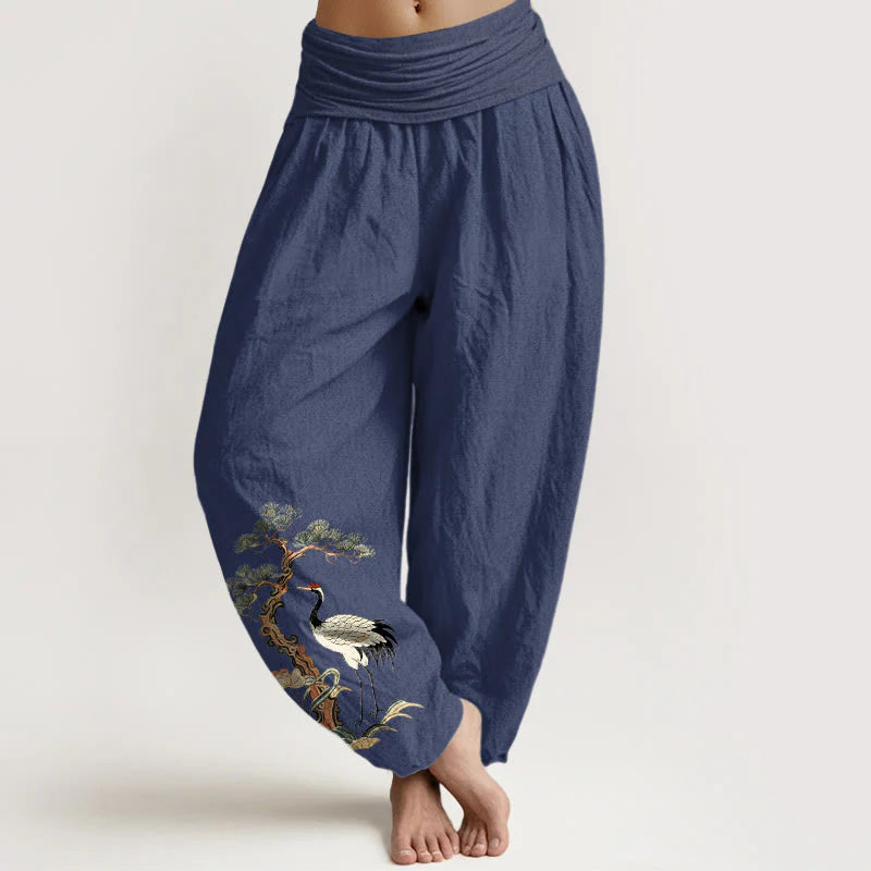 Buddha Stones Pure Cotton Crane Pine Tree Flower Grass Pattern Women's Elastic Waist Harem Pants