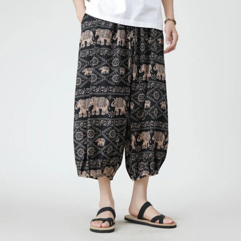 Buddha Stones Summer Square Patchwork Elephant Mandala Geometry Cotton Linen Men's 7-8 Length Pants With Pockets