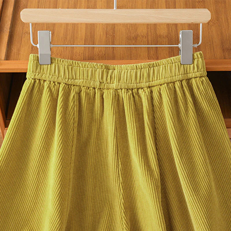 Buddha Stones Plain Elastic Waist Women's Cropped 7-8 Length Wide Leg Corduroy Pants