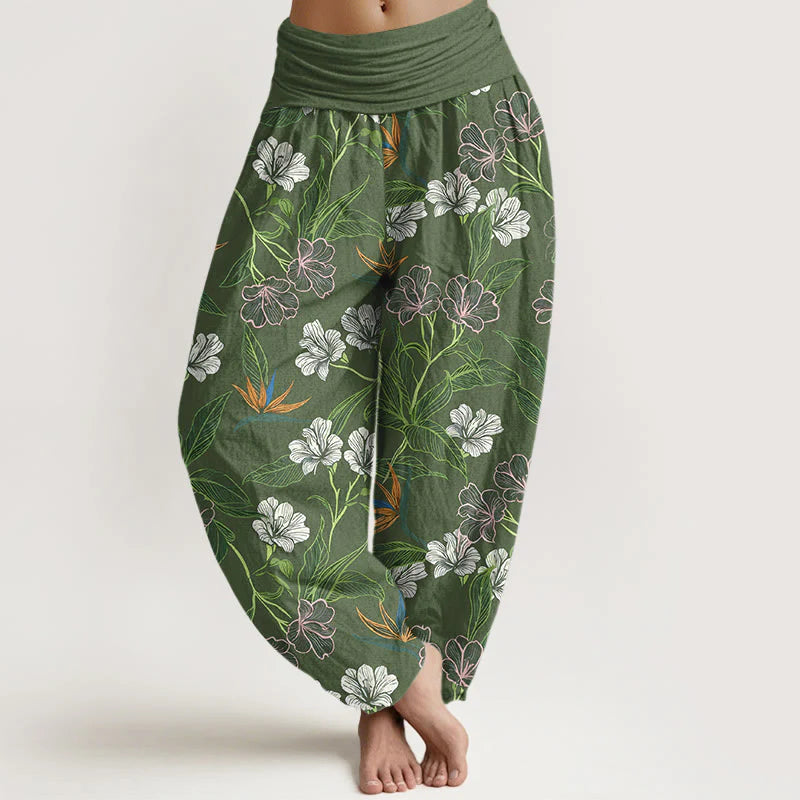 Buddha Stones Cotton Contrasting Colors Flower Leaf Pattern Women's Elastic Waist Harem Pants