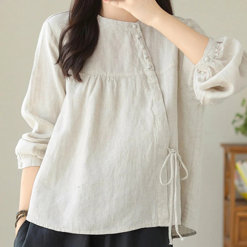 Buddha Stones Fall Casual Solid Color Stand Collar Long Sleeve Cotton Linen Women's Shirt