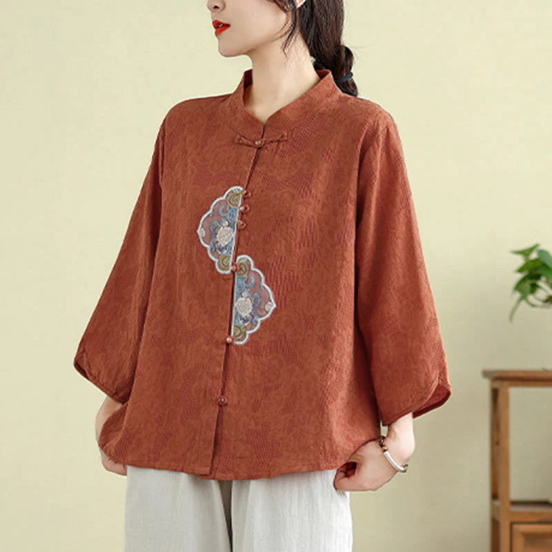 Buddha Stones Flower Embroidery Jacquard Three Quarter Sleeve Frog-Button Cotton Women's Shirt
